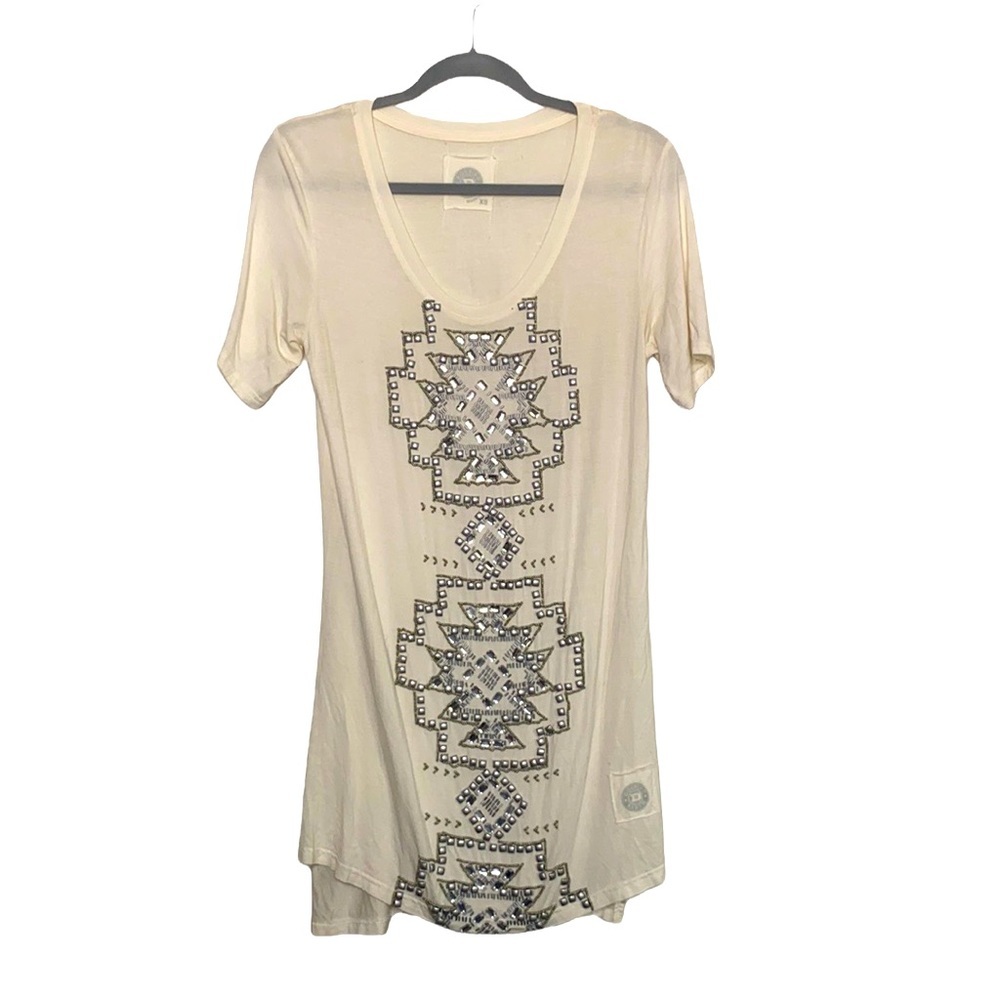 Double D Ranch Women’s Cream Short Sleeve Tunic Rhinestones Western size XS